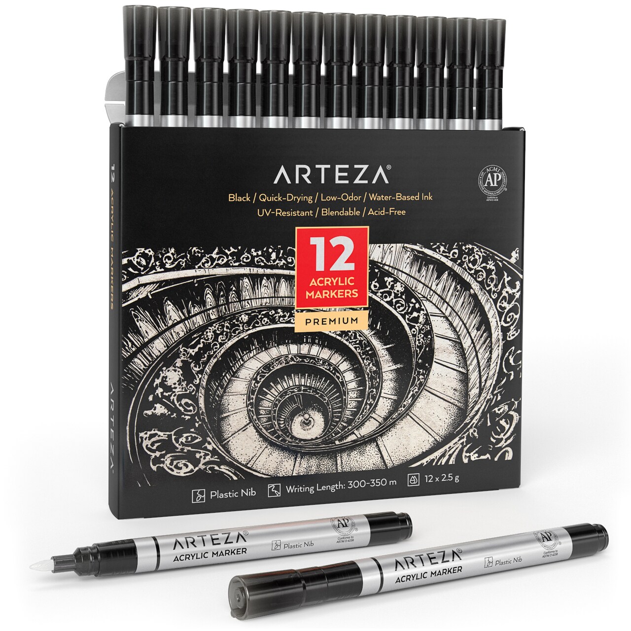 Arteza Acrylic Paint Markers Art Supply Set, Black Fine Nib - 12 Piece